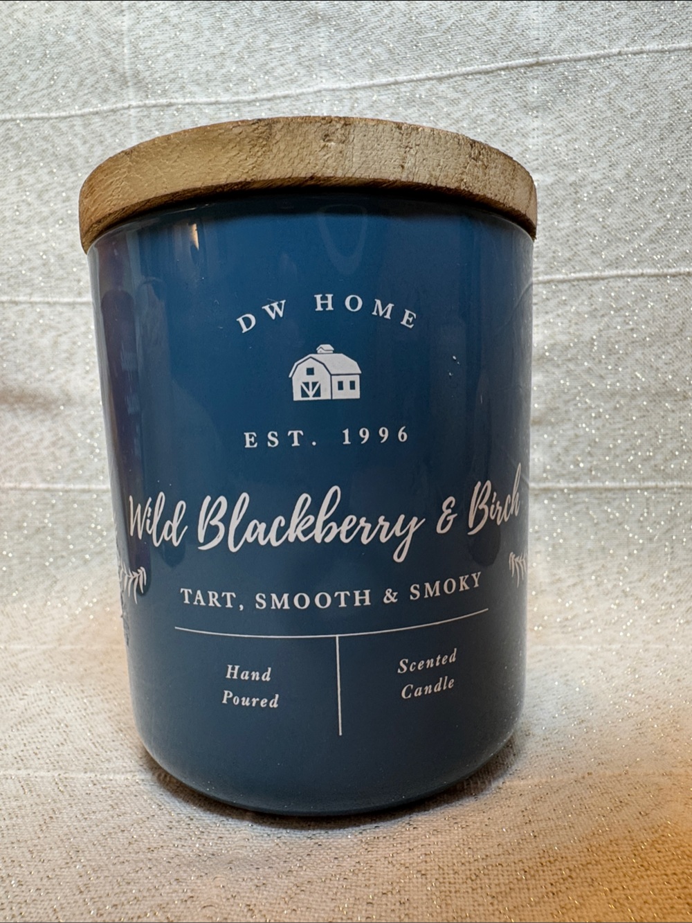 DW Home Wild Blackberry & Birch Blue Glass Candle with Wood Lid
